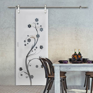 Image: Single Glass Sliding Door - Solaris Tubular Stainless Steel Sliding Track & Cherry Blossom 8mm Obscure Glass - Clear Printed Design