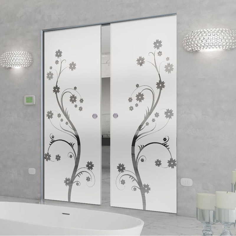Cherry Blossom 8mm Obscure Glass - Clear Printed Design - Double Absolute Pocket Door