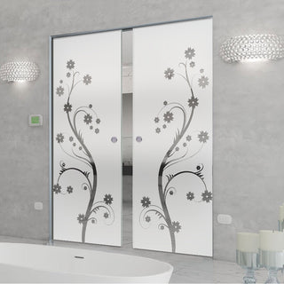 Image: Cherry Blossom 8mm Obscure Glass - Clear Printed Design - Double Absolute Pocket Door