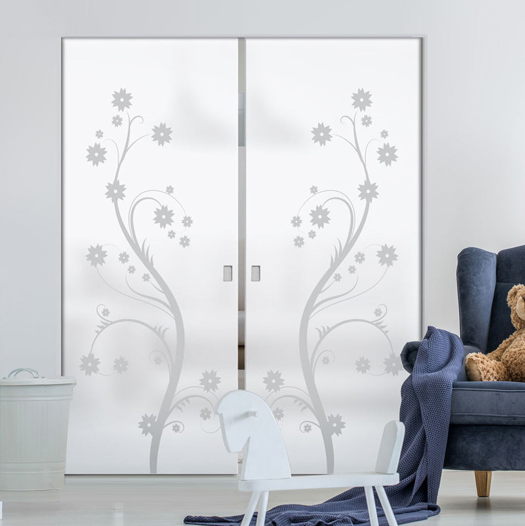 Cherry Blossom 8mm Obscure Glass - Obscure Printed Design - Double Absolute Pocket Door