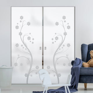 Image: Cherry Blossom 8mm Obscure Glass - Obscure Printed Design - Double Absolute Pocket Door