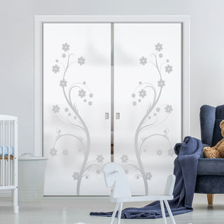 Image: Cherry Blossom 8mm Obscure Glass - Obscure Printed Design - Double Evokit Glass Pocket Door