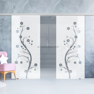 Image: Double Glass Sliding Door - Cherry Blossom 8mm Obscure Glass - Clear Printed Design with Elegant Track