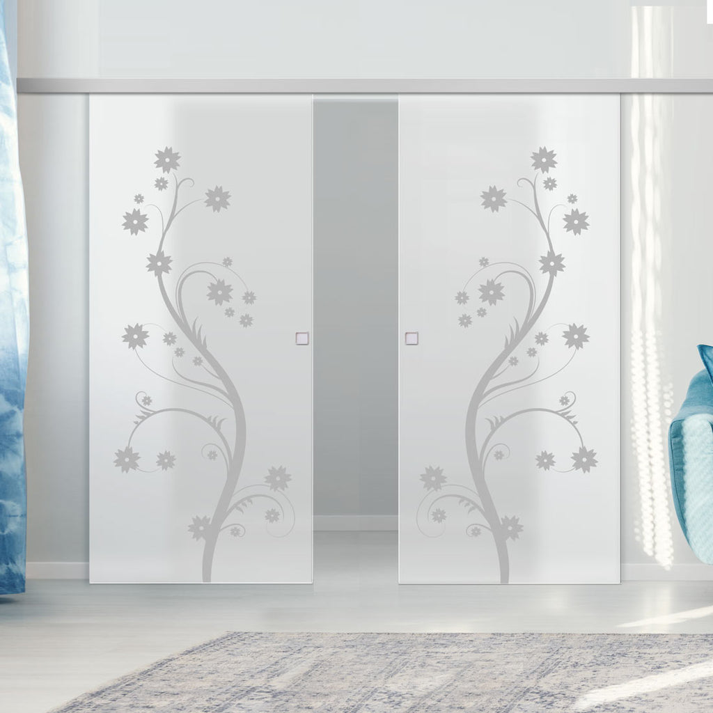 Double Glass Sliding Door - Cherry Blossom 8mm Obscure Glass - Obscure Printed Design with Elegant Track