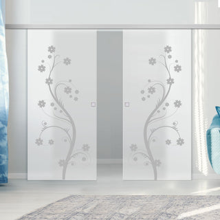 Image: Double Glass Sliding Door - Cherry Blossom 8mm Obscure Glass - Obscure Printed Design with Elegant Track