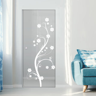 Image: Cherry Blossom 8mm Clear Glass - Obscure Printed Design - Single Absolute Pocket Door