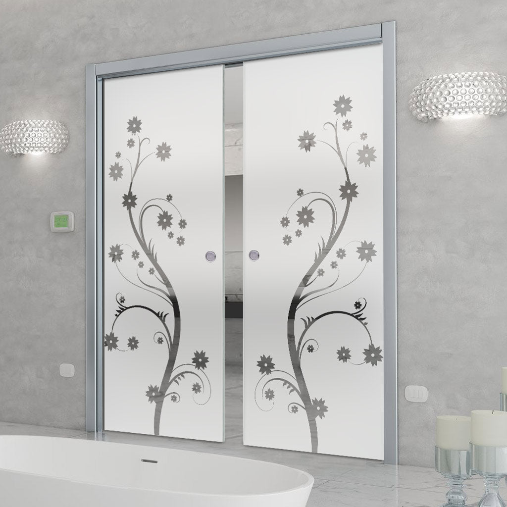 Cherry Blossom 8mm Obscure Glass - Clear Printed Design - Double Evokit Glass Pocket Door