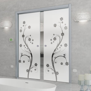 Image: Cherry Blossom 8mm Obscure Glass - Clear Printed Design - Double Evokit Glass Pocket Door