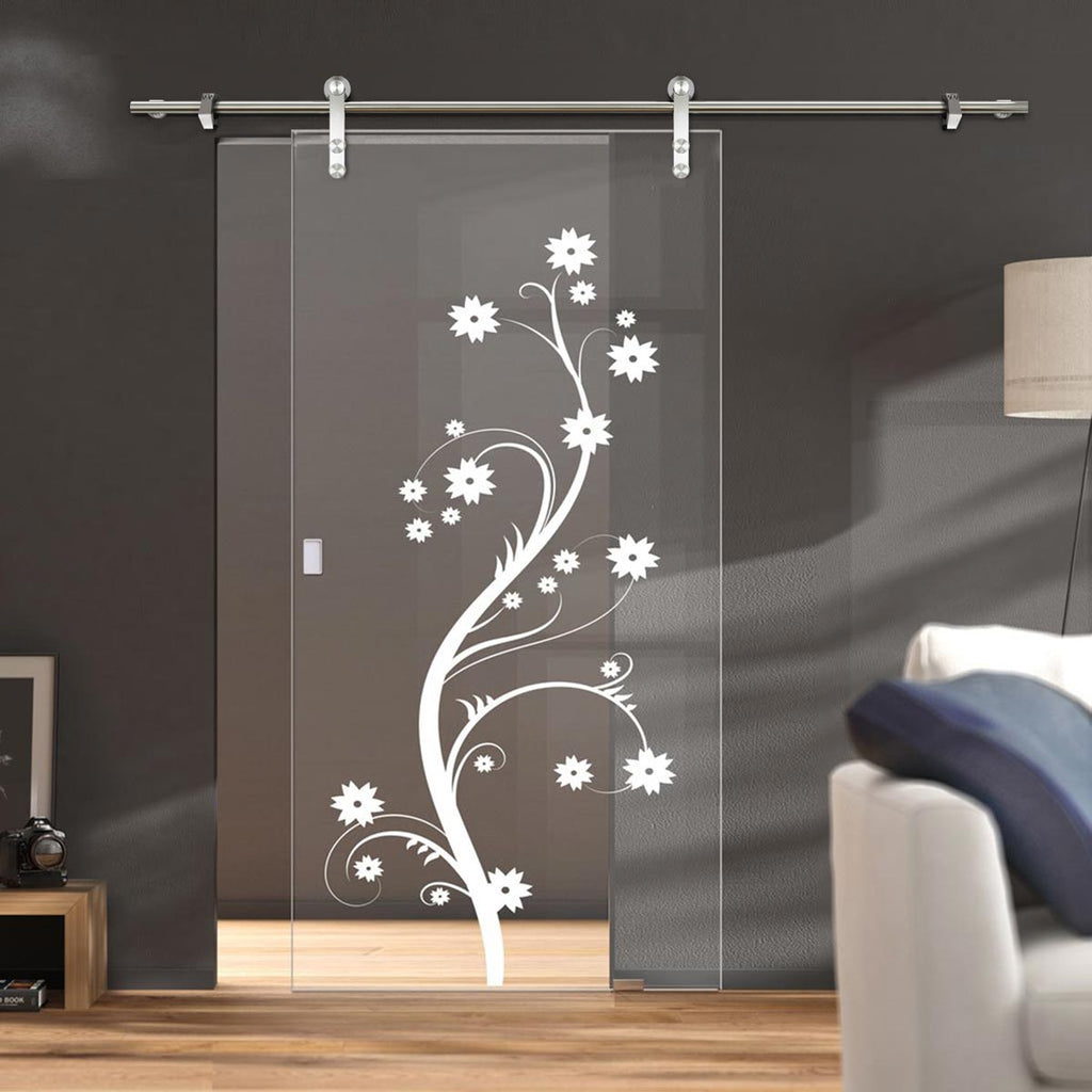 Single Glass Sliding Door - Solaris Tubular Stainless Steel Sliding Track & Cherry Blossom 8mm Clear Glass - Obscure Printed Design