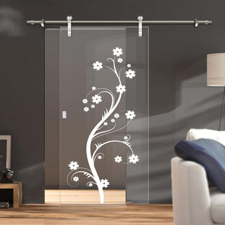 Image: Single Glass Sliding Door - Solaris Tubular Stainless Steel Sliding Track & Cherry Blossom 8mm Clear Glass - Obscure Printed Design