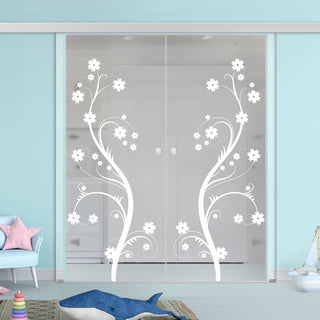 Image: Double Glass Sliding Door - Cherry Blossom 8mm Clear Glass - Obscure Printed Design with Elegant Track