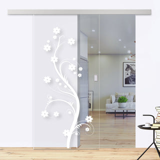 Image: Single Glass Sliding Door - Cherry Blossom 8mm Clear Glass - Obscure Printed Design with Elegant Track