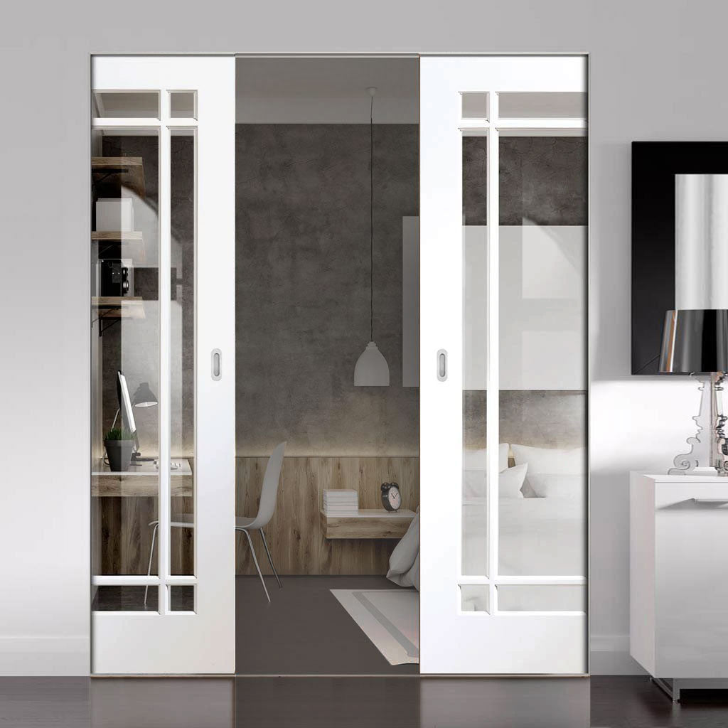 Cheshire White Absolute Evokit Pocket Double Pocket Door - Clear Glass - White Primed