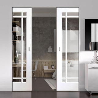 Image: Cheshire White Absolute Evokit Pocket Double Pocket Door - Clear Glass - White Primed