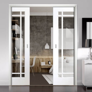 Image: Cheshire White Double Evokit Pocket Doors - Clear Glass - Primed
