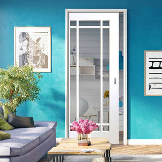 Image: Cheshire White Absolute Evokit Pocket Door - Clear Glass - White Primed