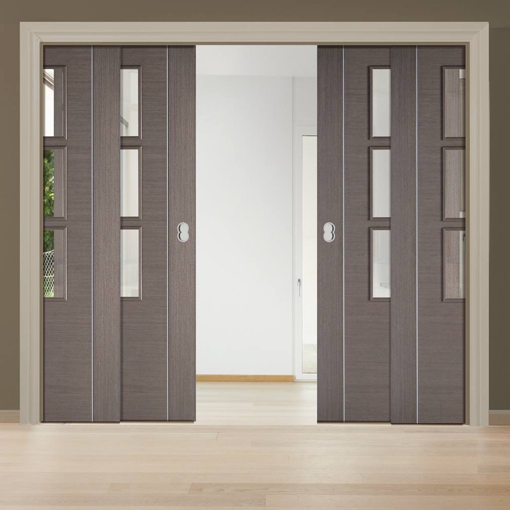 Chocolate Grey Alcaraz Staffetta Quad Telescopic Pocket Doors - Clear Glass - Prefinished