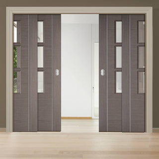 Image: Chocolate Grey Alcaraz Staffetta Quad Telescopic Pocket Doors - Clear Glass - Prefinished