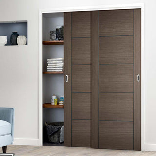 Image: Two Sliding Wardrobe Doors & Frame Kit - Vancouver Flush Chocolate Grey Door - Prefinished