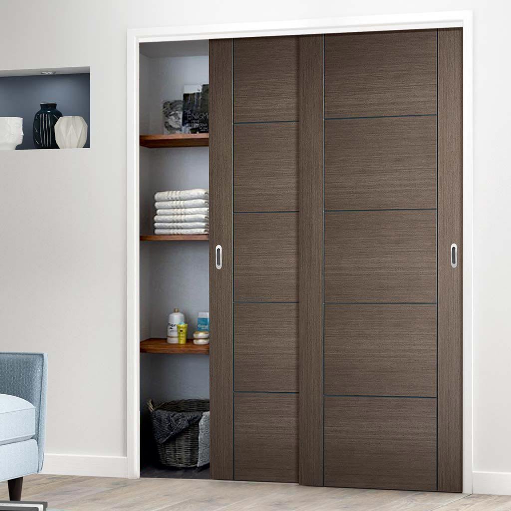 Minimalist Wardrobe Door & Frame Kit - Two Vancouver Flush Chocolate Grey Doors - Prefinished