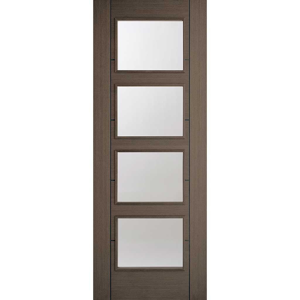 Bespoke Thruslide Surface Vancouver Chocolate Grey 4L Door - Clear Glass - Prefinished Sliding Double Door and Track Kit