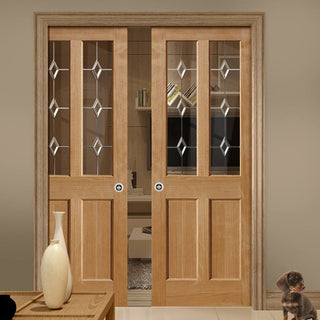 Image: Oak Churnet Oak Double Evokit Pocket Doors - Leaded clear glass