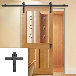 Image: Single Sliding Door & Black Barn Track - Churnet Oak Door - Leaded Clear glass