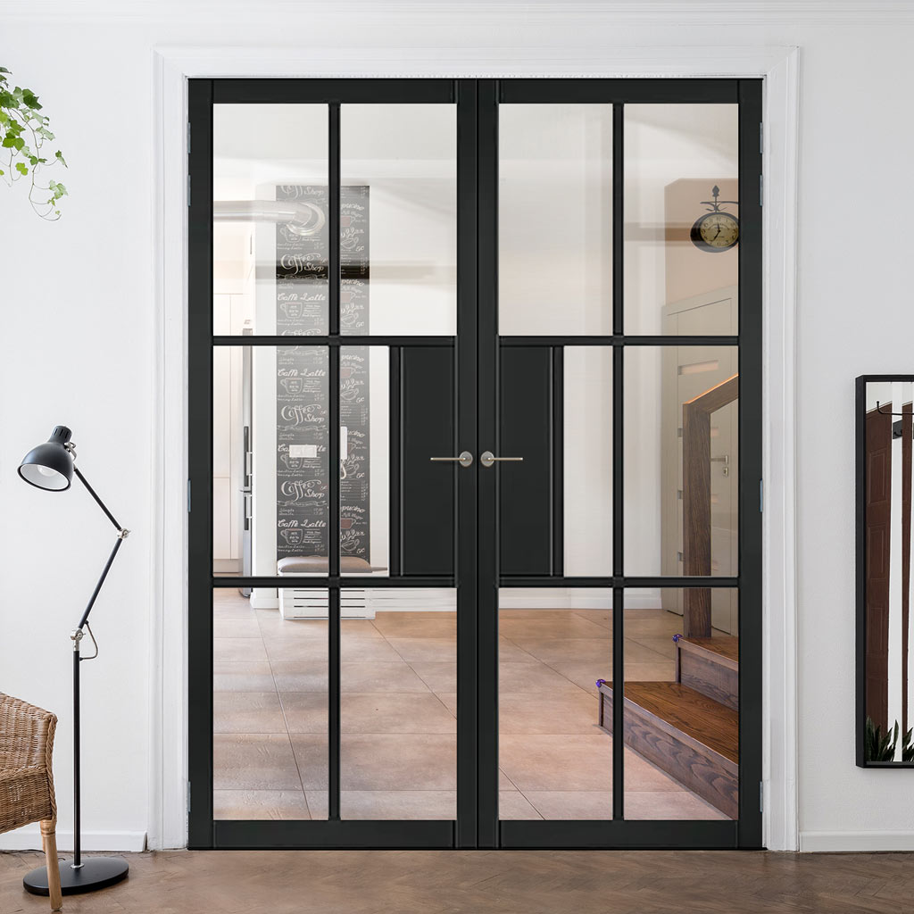 JB Kind Industrial Civic Black Internal Door Pair - Clear Glass - Prefinished