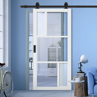 Image: Top Mounted Black Sliding Track & Solid Wood Door - Eco-Urban® Arran 5 Pane Solid Wood Door DD6432G Clear Glass(2 FROSTED PANES) - Cloud White Premium Primed
