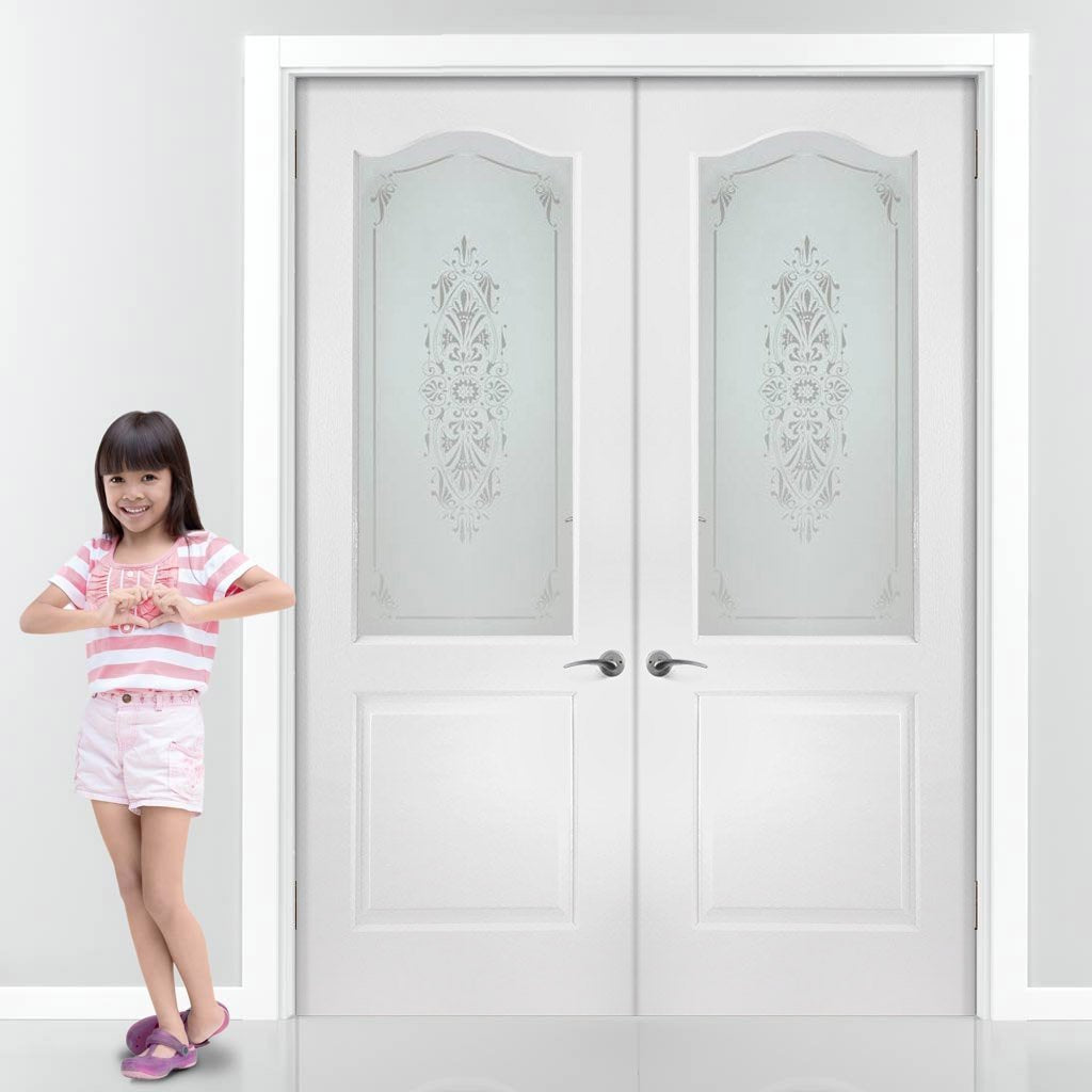 Classic Grained PVC Door Pair - Sandblast Floral Brocade Style Glass