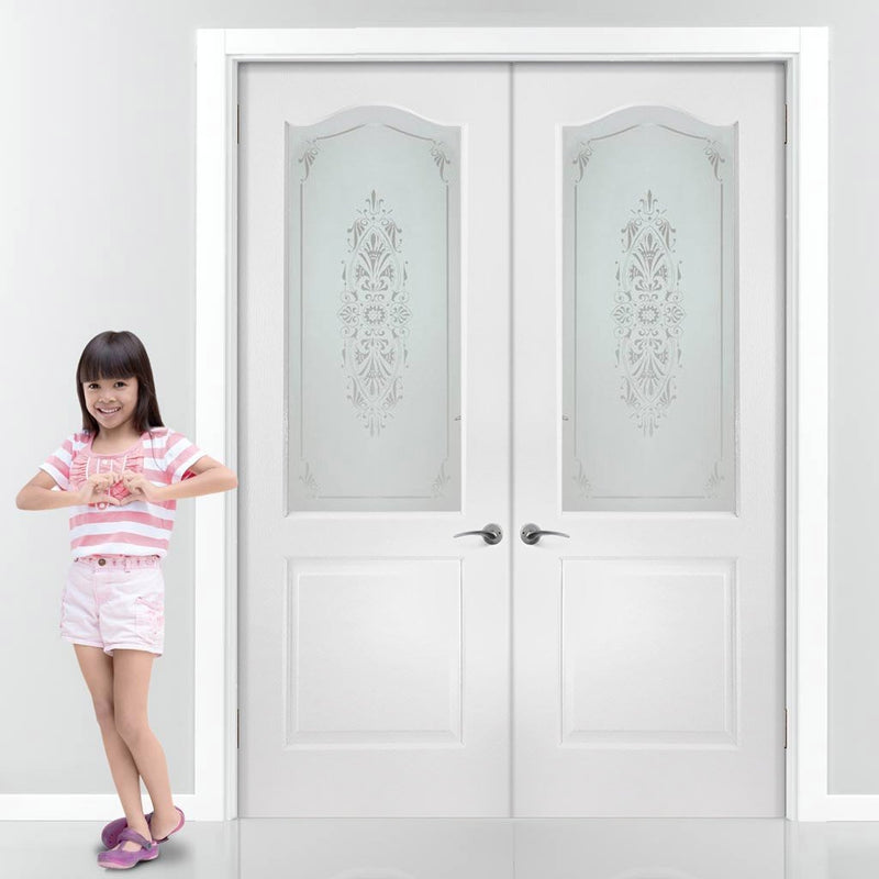 Classic Grained PVC Door Pair - Sandblast Floral Brocade Style Glass