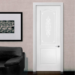 Image: White PVC classic door with grained faces sandblast toughened floral brocade style glass 