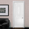 White PVC classic door with grained faces sandblast toughened floral brocade style glass 