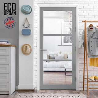 Image: Manchester 3 Pane Solid Wood Internal Door UK Made DD6306G - Clear Glass - Eco-Urban® Mist Grey Premium Primed