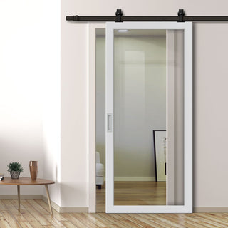 Image: Top Mounted Black Sliding Track & Solid Wood Door - Eco-Urban® Baltimore 1 Pane Solid Wood Door DD6301G - Clear Glass - Cloud White Premium Primed