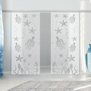 Image: Double Glass Sliding Door - Octopus 8mm Obscure Glass - Clear Printed Design with Elegant Track