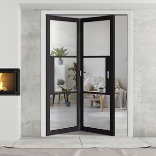 Image: Two Folding Doors & Frame Kit - Tribeca 3 Pane Black Primed 2+0 - Clear Glass