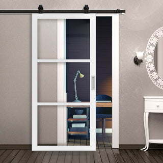 Image: Top Mounted Black Sliding Track & Solid Wood Door - Eco-Urban® Manchester 3 Pane Solid Wood Door DD6306G - Clear Glass - Cloud White Premium Primed