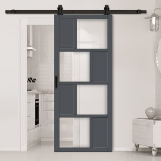 Image: Top Mounted Black Sliding Track & Solid Wood Door - Eco-Urban® Cusco 4 Pane 4 Panel Solid Wood Door DD6416G Clear Glass - Stormy Grey Premium Primed