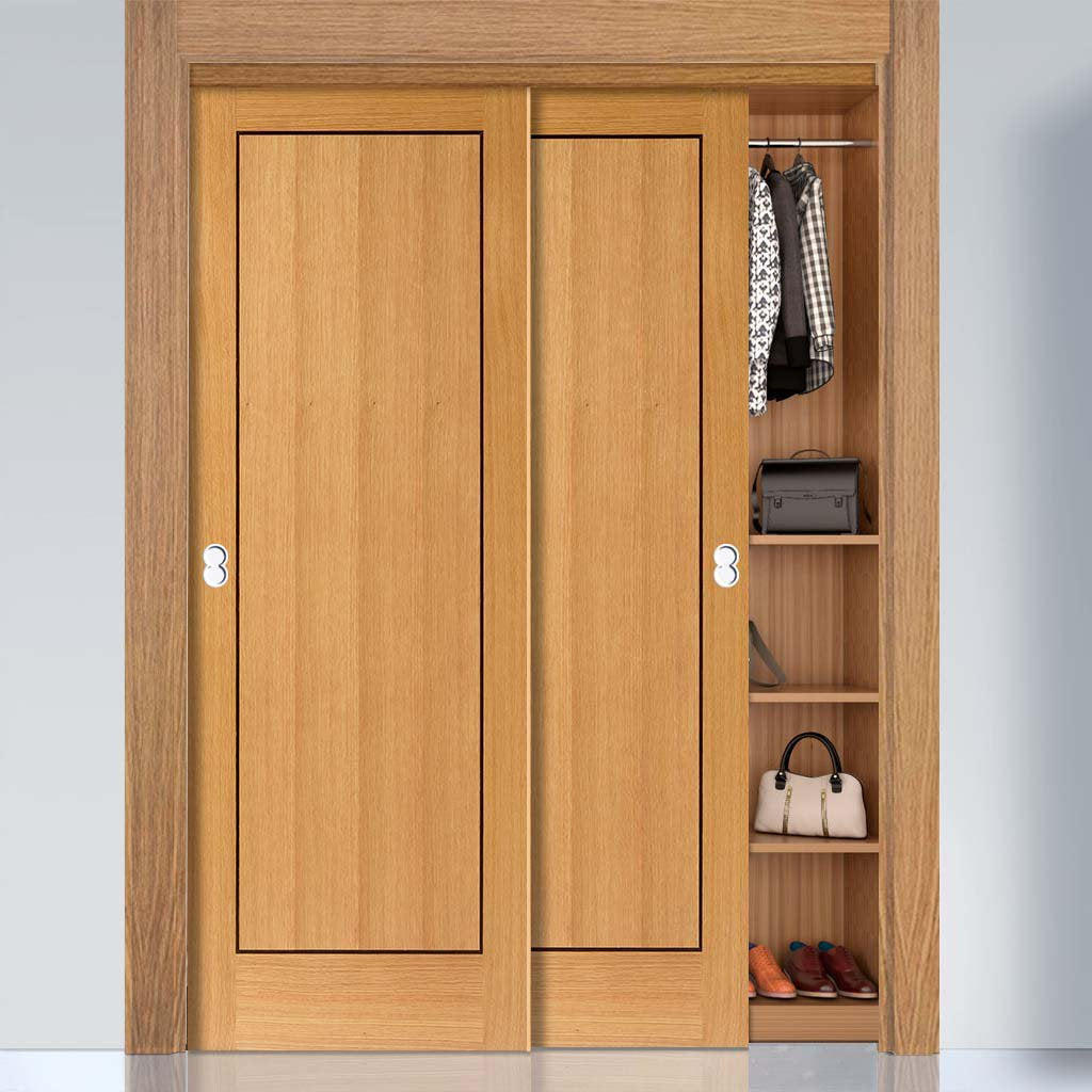 Two Sliding Wardrobe Doors & Frame Kit - Clementine Flush Oak Door - Walnut Inlays - Prefinished