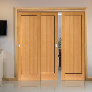 Image: Three Sliding Doors and Frame Kit - Clementine Flush Oak Door - Walnut Inlays - Prefinished