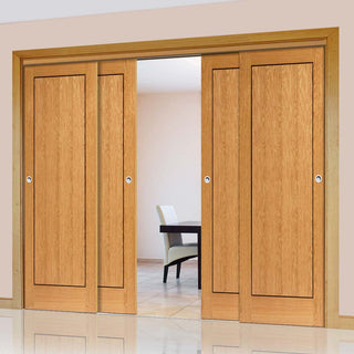 Image: Four Sliding Doors and Frame Kit - Clementine Flush Oak Door - Walnut Inlays - Prefinished