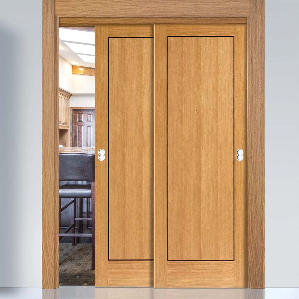 Two Sliding Doors and Frame Kit - Clementine Flush Oak Door - Walnut Inlays - Prefinished