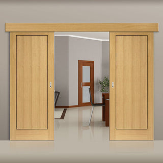 Image: Double Sliding Door & Wall Track - Clementine Flush Oak Doors - Walnut Inlays - Prefinished
