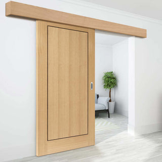 Image: Single Sliding Door & Wall Track - Clementine Flush Oak Door - Walnut Inlays - Prefinished