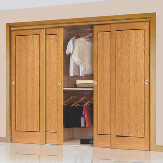Image: Four Sliding Wardrobe Doors & Frame Kit - Clementine Flush Oak Door - Walnut Inlays - Prefinished