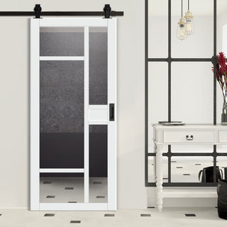 Image: Top Mounted Black Sliding Track & Solid Wood Door - Eco-Urban® Jura 5 Pane 1 Panel Solid Wood Door DD6431G Clear Glass - Cloud White Premium Primed