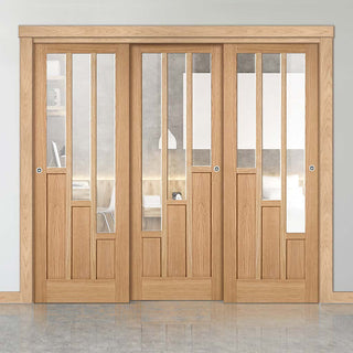 Image: Three Sliding Doors and Frame Kit - Coventry Contemporary Oak Door - Clear Glass - Unfinished