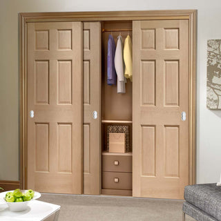 Image: Bespoke Thruslide Colonial Oak 6 Panel 3 Door Wardrobe and Frame Kit