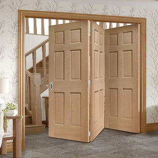 Image: Three Folding Doors & Frame Kit - Colonial Oak 6 Panel 3+0 - No Raised Mouldings - Unfinished